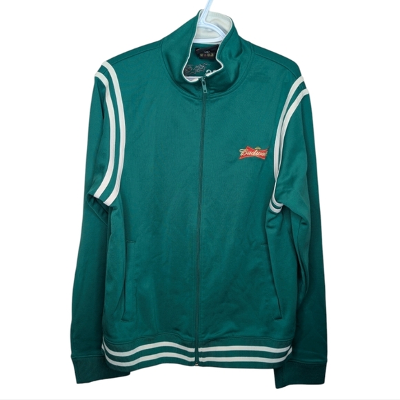 Vintage Budweiser GPC Green White Striped Zip Up Sweater Jacket Large Mens - Picture 1 of 8